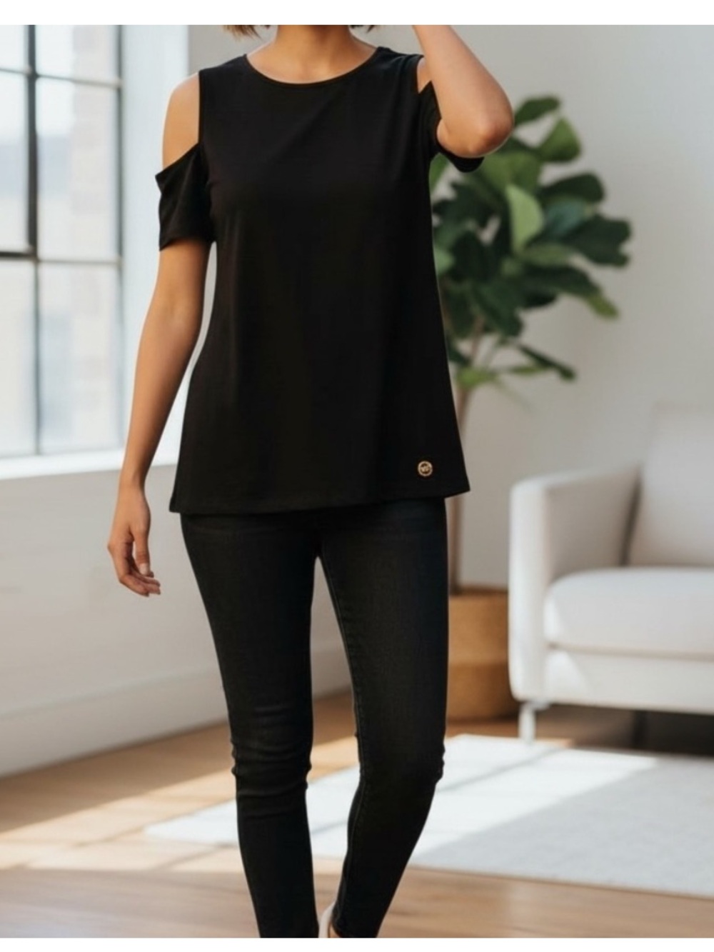 Michael Kors Navy Cold Shoulder short sleeve blouse, gold hardware NWOT